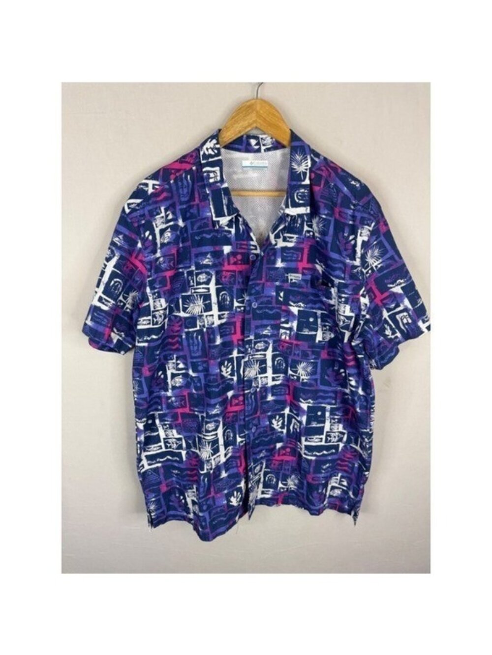 Columbia PFG Mens Large Purple Pink Abstract Tropical Fishing Shirt Short Sleeve